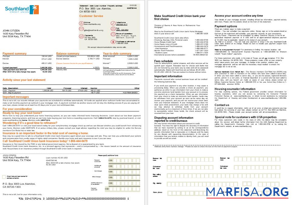Realistic USA California Southland Credit Unio mortgage statement in Word and PDF formats, 2 pages sample